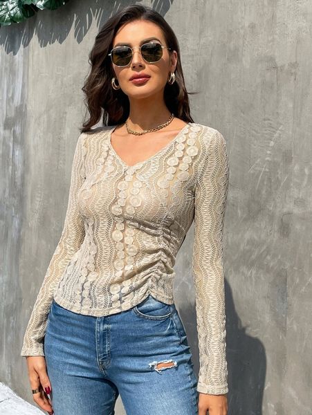 

ruched asymmetric hem lace i9ht#, White