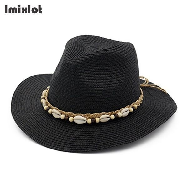 

summer for women england style wide brim straw hats sun visor shell beads panama travel beach hat women's strawhat y200714, Blue;gray