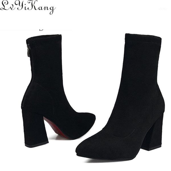 

2020woman shoes zip up square high heels party women boots winter, Black