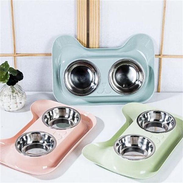 

1pc durable double bowl cat bowl stainless steel cat rice dog leak-proof anti-skid pet feeding1