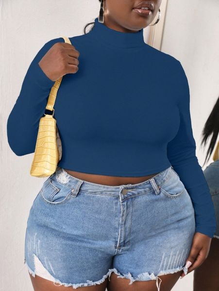 

plus solid mock neck crop tee 919t#, Black