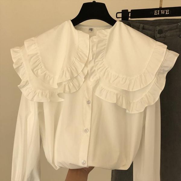 

floral lace lapel solid blouse women peter pan collar buttons shirts 2020 autumn long sleeve loose ladies blusas, White