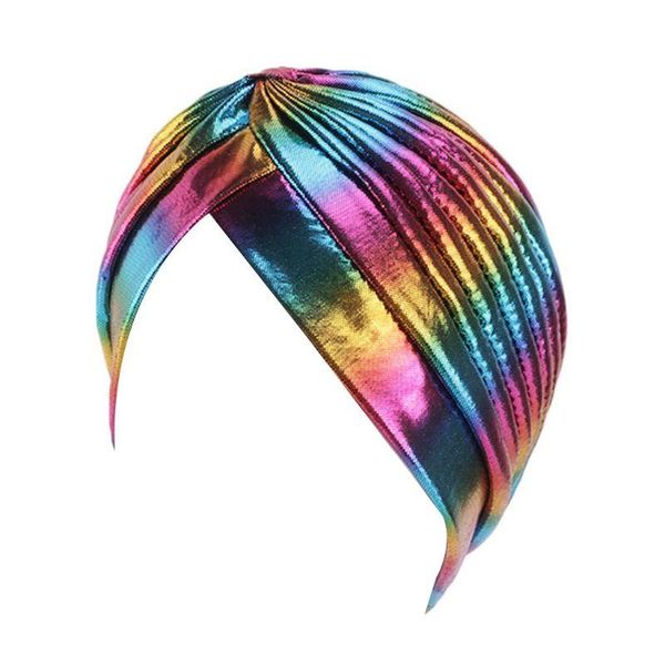 

beanie/skull caps women rainbow metallic turban hat twisted pleated headwrap glitter hair loss cap, Blue;gray