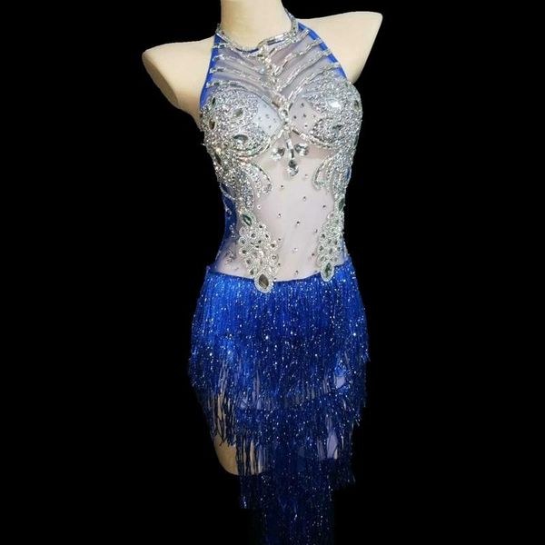 

stage wear silver rhinestones blue fringes dress female singer dancer performance crystals outfit women birthday bar nightclub, Black;red