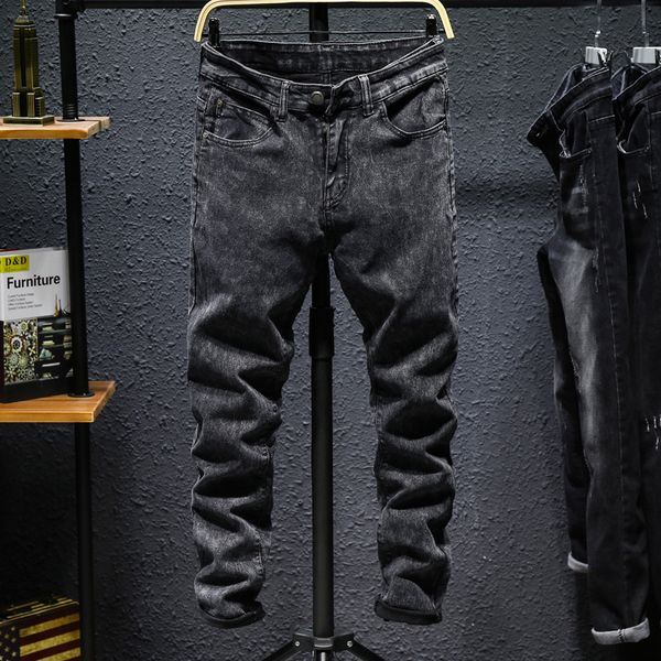 

snowflake autumn and winter black casual jeans men's pants brand small feet slim korean fashion versatile, Blue