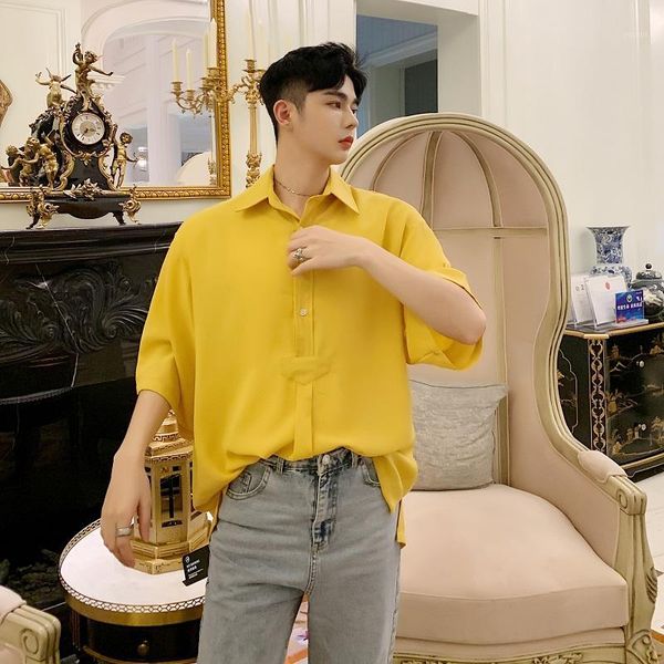 

men solid color half sleeve thin loose casual solid pullovers shirt male streetwear fashion party shirt stage show clothing1, White;black