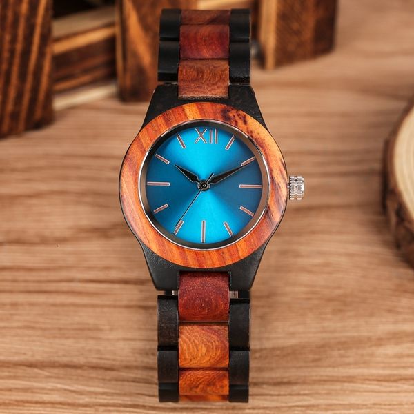 

unique sapphire blue face wooden watches handmade full wooden band quartz watch women's watches ladies dress clock, Slivery;brown