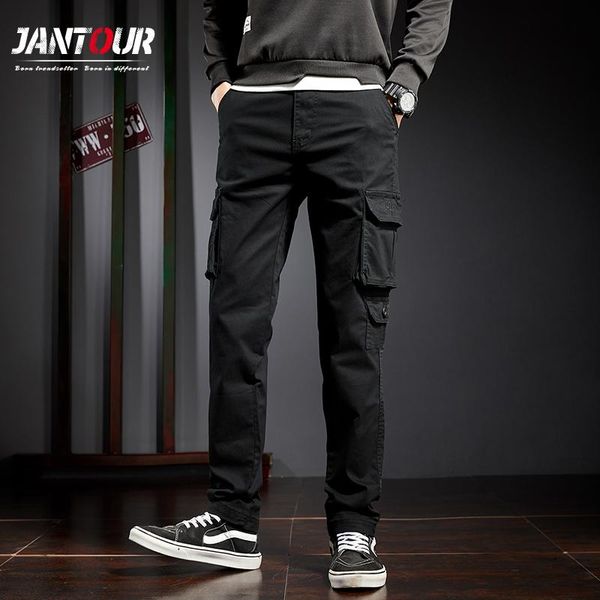 

men's pants jantour 2021 men harem cargo casual male overalls trousers cotton loose straight multi-pocket big size 36 38, Black