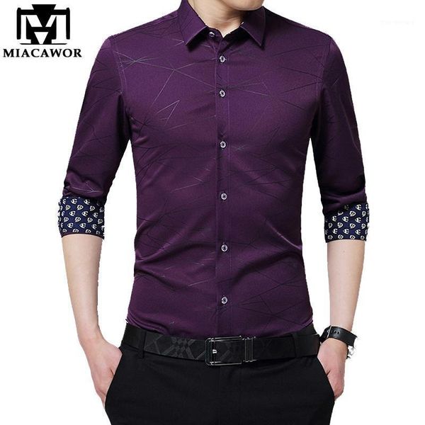 

miacawor new men shirt slim fit long sleeve dress shirts print sleeve camiseta masculina chemise homme plus size c3731, White;black