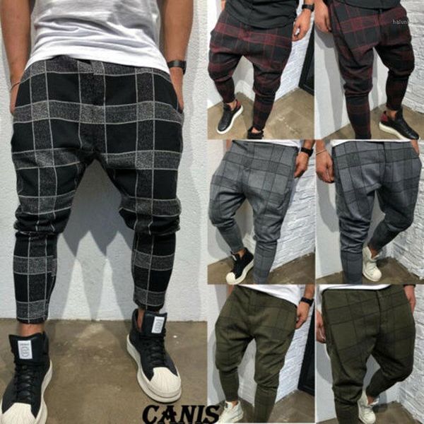 

men's pants 2021 brand fashion mens casual fitness plaid straight leg trousers pencil jogger cargo pants1, Black