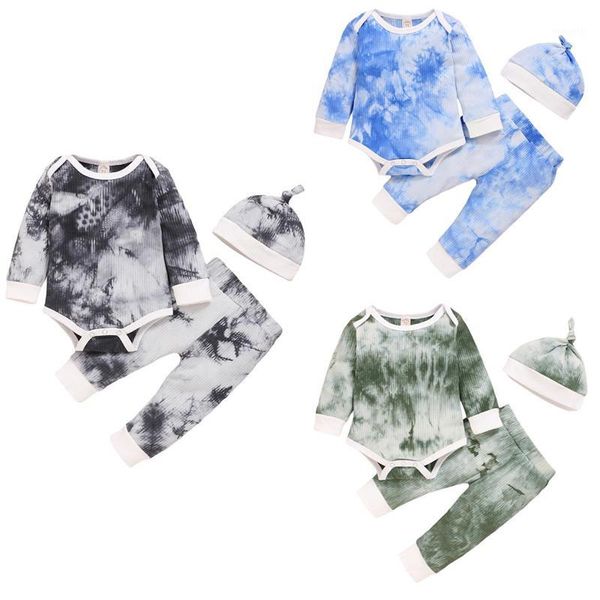 

3pcs autumn clothes set newborn infant baby boy autumn clothes set tie-dye printed long sleeve romper long pants hat 0-24m1, White