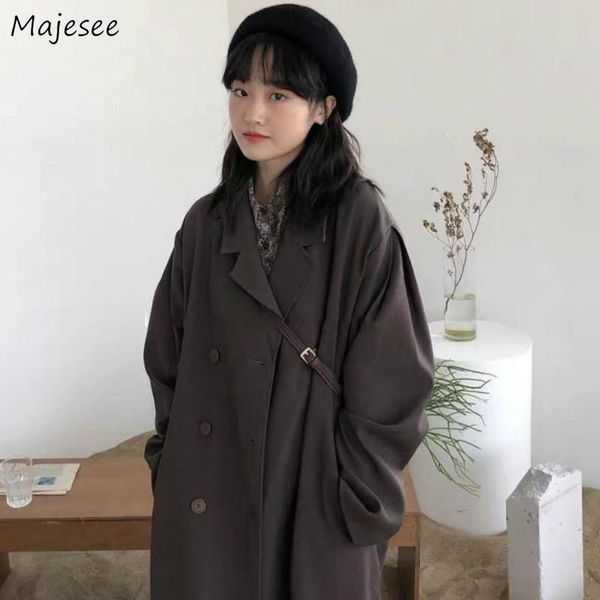 

trench womens long coats double breasted turn-down collar solid wide-waist vintage loose casual windbreaker outwear all-match, Tan;black