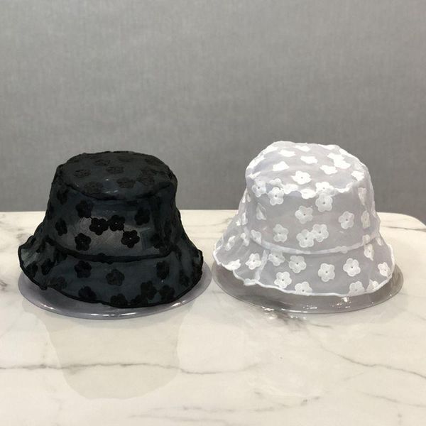 

wide brim hats women sheer lace bucket hat floral embroidery ruffle edge foldable fisherman cap 28gd, Blue;gray