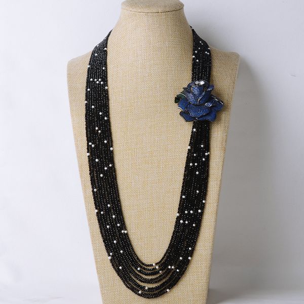 10strands Black Stone Branco Colar de Pérola de Água Doce Micro Inlay Zircão Blue Flowers Acessorie 80-90cm Jóias de moda