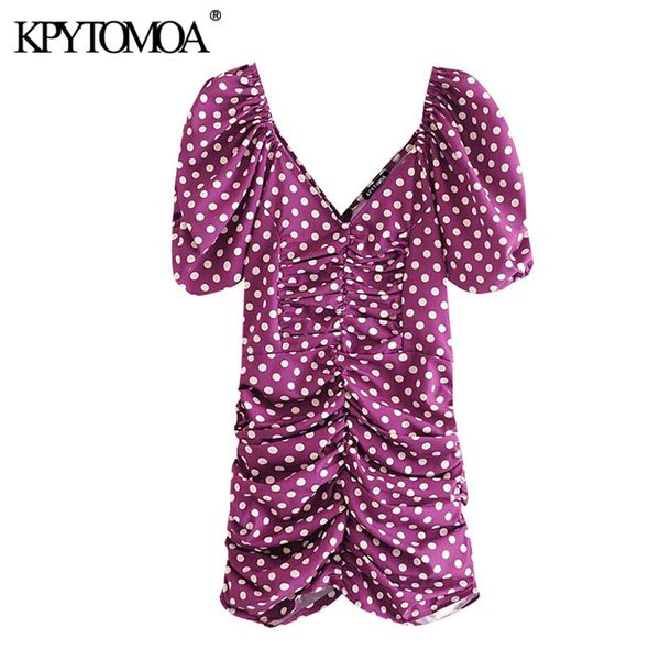 

kpytomoa women 2020 chic fashion polka dot draped mini dress vintage puff sleeves back zipper female dresses vestidos mujer y0118, Black;gray