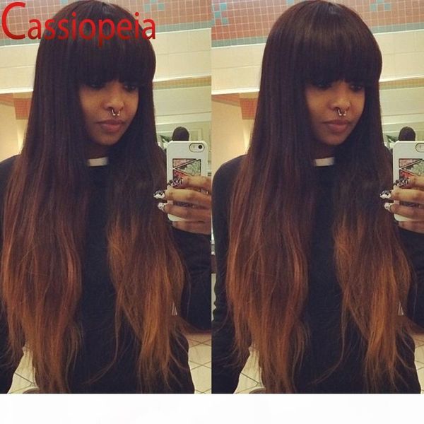 

two tone ombre human hair wig with bangs silky straight ombre full lace wig color 1b#t30# virgin malaysian lace front wigs sale, Black;brown