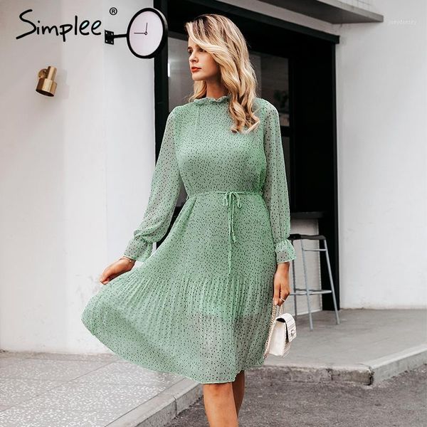 

simplee bohemian dot print women dress elegant sash lace up pleated female autumn dress long sleeve ruffled ladies vintage1, Black;gray