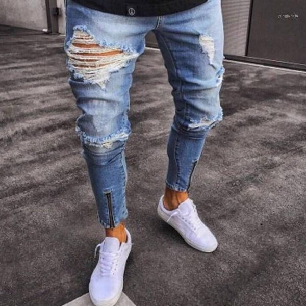

men ripped skinny jeans male hole elasticity denim trousers thin straight pencil pants biker denim foot mouth zipper design1, Blue