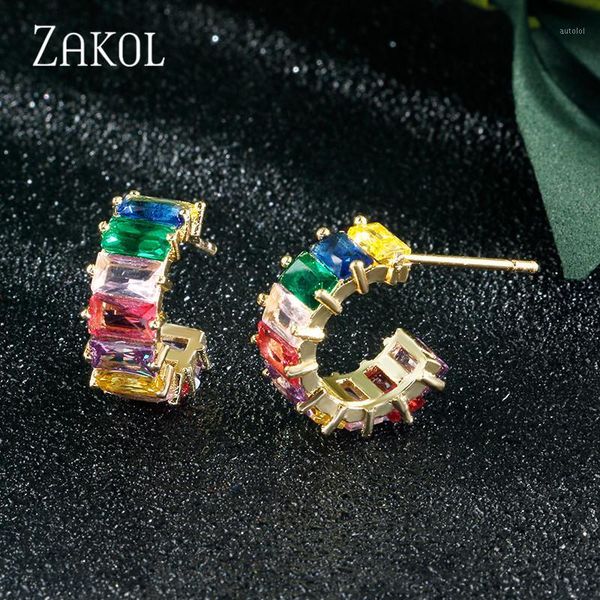 

zakol trendy mutilcolor baguette cubic zirconia t stone hoop earrings for women circle bridal wedding accessories fsep25281, Golden;silver