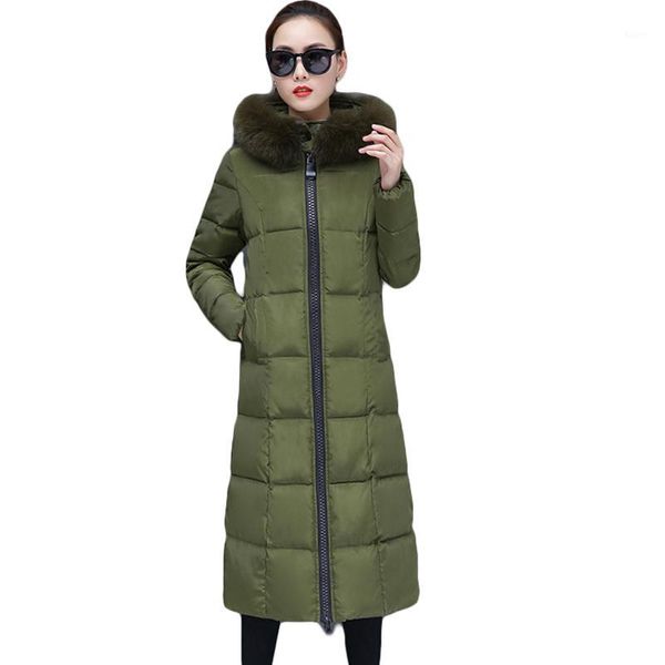 

2019 winter fashion quilted jacket woman long coat plus size slim fur collar hooded parka female solid down outwear1, Black