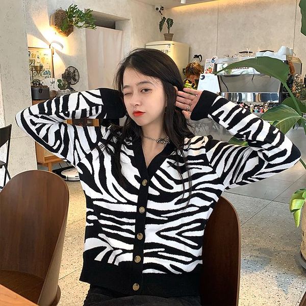 

leopard design cardigan retro simple korean style striped v neck cardigan sweater loose strickjacke damen women clothes de50ks, White