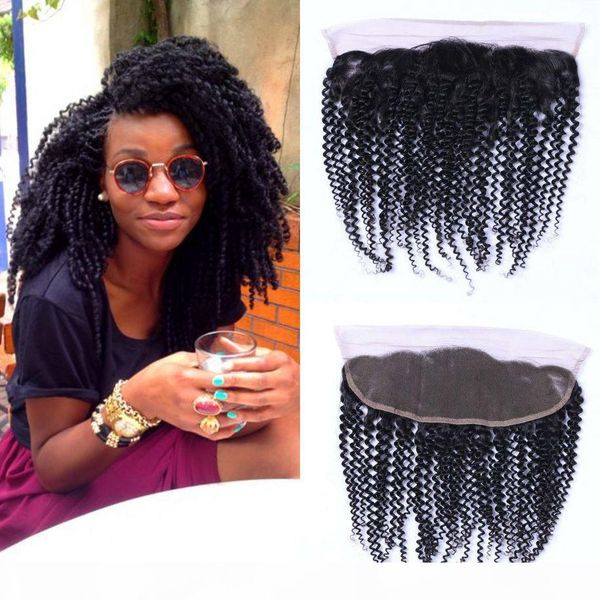 

13x4 lace frontal closure afro kinky curly peruvian virgin hair ear to ear human hair frontals natural color, Black;brown