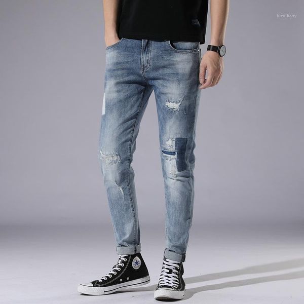 

2019 men's ripped patch jeans casual blue denim pants for men streetwear brand clothes size 28-361