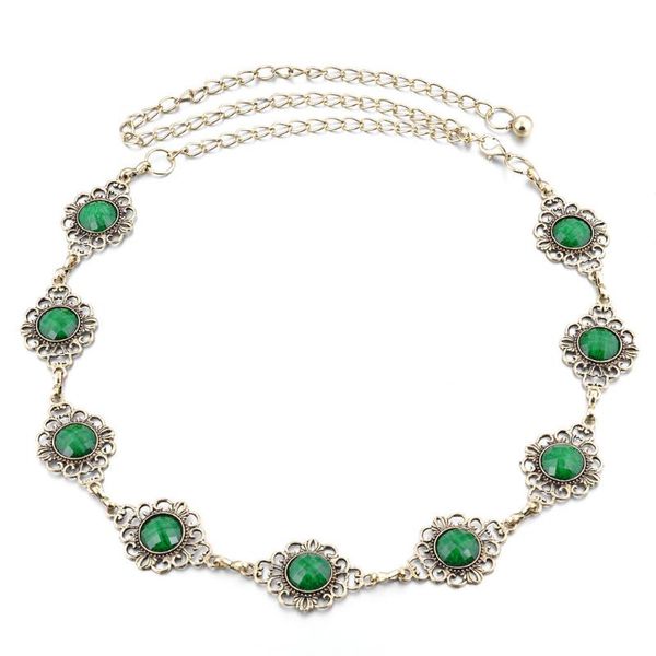 

vintage women's green gem crystal metal belly chain waist belt for party, Black;brown
