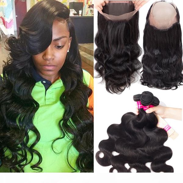 

brazilian hair body wave & straight bundles virgin human hair weave with 360 lace frontal closure unprocessed peruvian indian malaysian hair, Black;brown