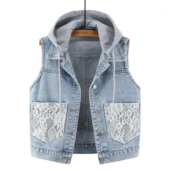 

2020 autumn new women denim vest fashion lace pocket hooded jean waistcoat women short coletes feminina casual p11551, Black;white