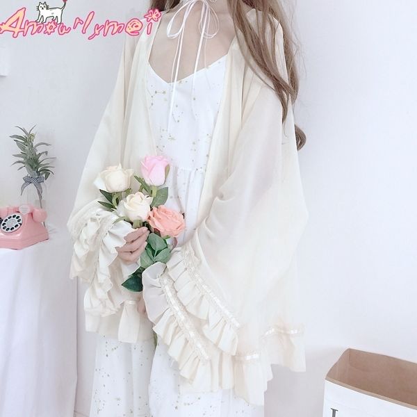 

summer women shirt japanese style mori girl sweet ruffles long sleeve solid color casual loose chiffon kimono cardigan blouses y200622, White
