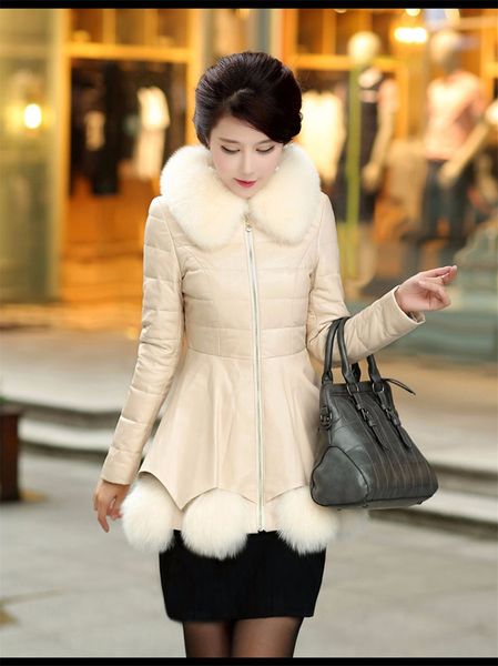 

2021 new size plus female fashion fake leather collar mid-long autumn winter down jacket and gq1904 coats 30wc, Black