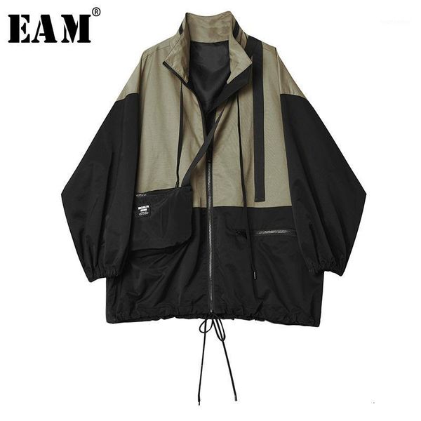 

eam] loose fit contrast color big size jacket new stand collar long sleeve women coat fashion tide spring autumn 2020 1h0581, Black;brown