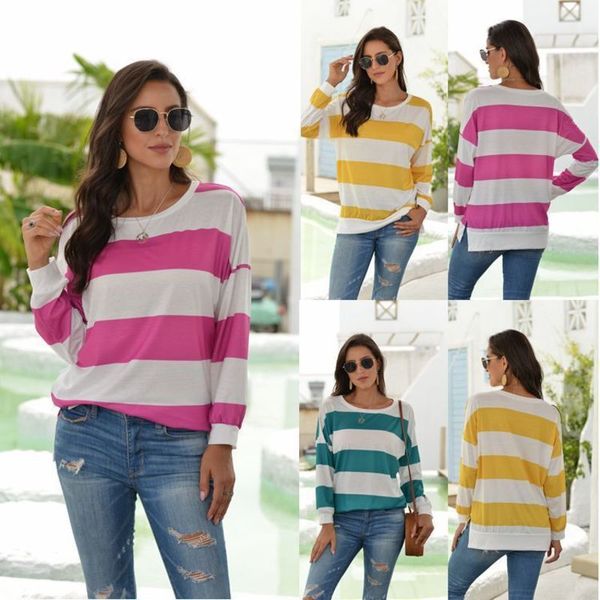 

2020 new long sleeve style leisure horizontal stripe simple round neck t-shirt women fashion, Black;gray