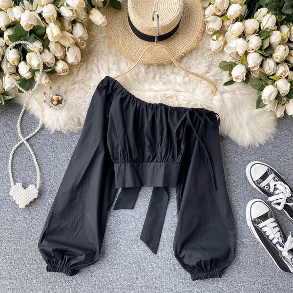 

2021 new female singiny off the shoulder shirt design neck twisted drawstring puff fashion streetwear blouses rj0f, White