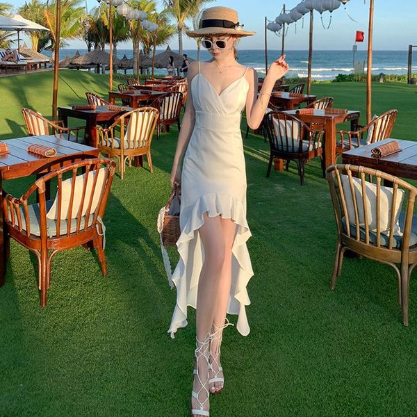 

#3902 summer white women off shoulder ruffles mermaid dress chic beach sleeveless dress v neck backless suspender dresses, Black;gray