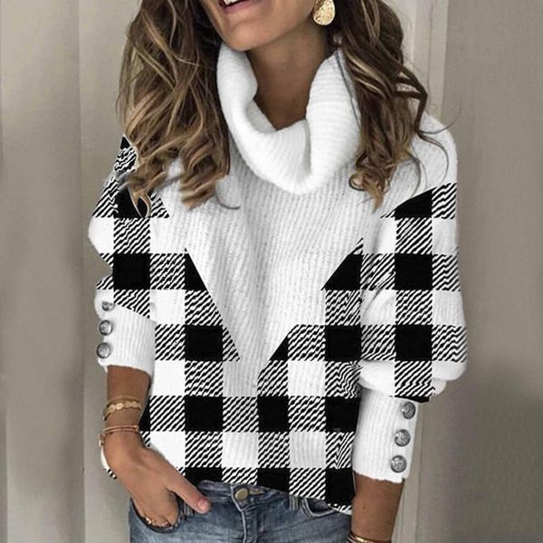 

female winter fashion casual women's long sleeve turtleneck solid color patchwork plaid printed pullover sweater mujer d1#, White;black