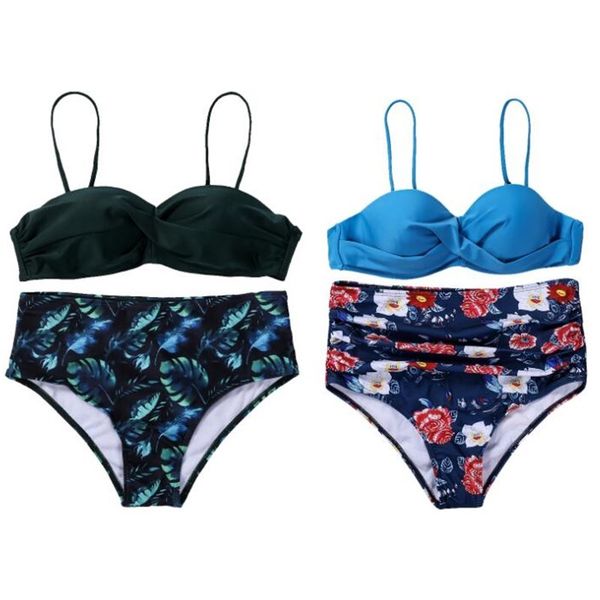 

women's floral bikini set flower printed suspenders high waist shorts beach bathing suit swimsuit vintage two pieces swimwear, White;black