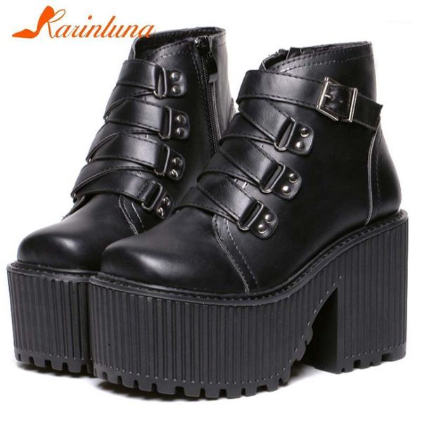 

karin 2021 new arrivels fashion shoes gothic round toe buckle straps high heels platform lace-up ankle women booties1, Black