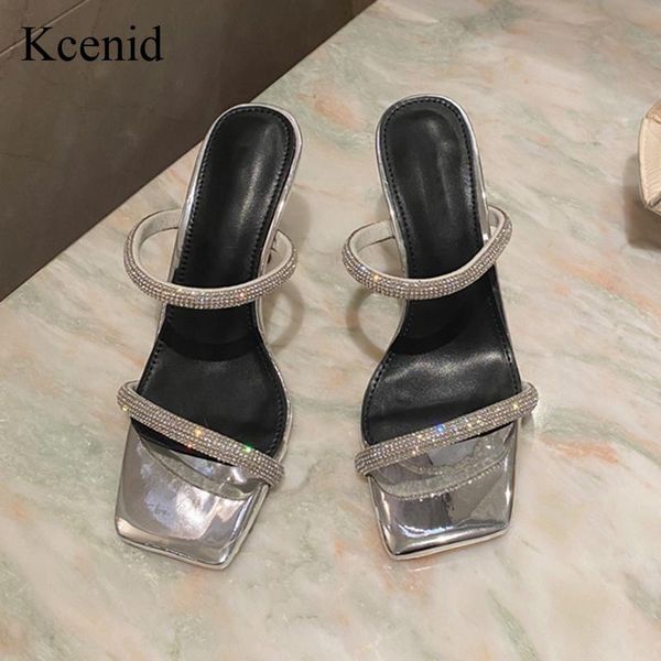 

kcenid summer 2021 new woman's summer high heel slippers crystal rhinestone fashion party shoes open toe slip on slippers silver, Black