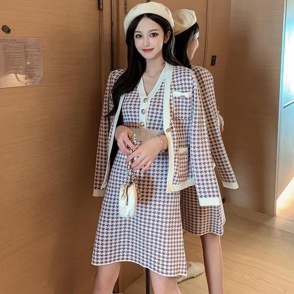 

new 2020 autumn winter knitted 2 piece set women single-breasted houndstooth cardigan jacket warm sweater coat+knit vest dress, Gray