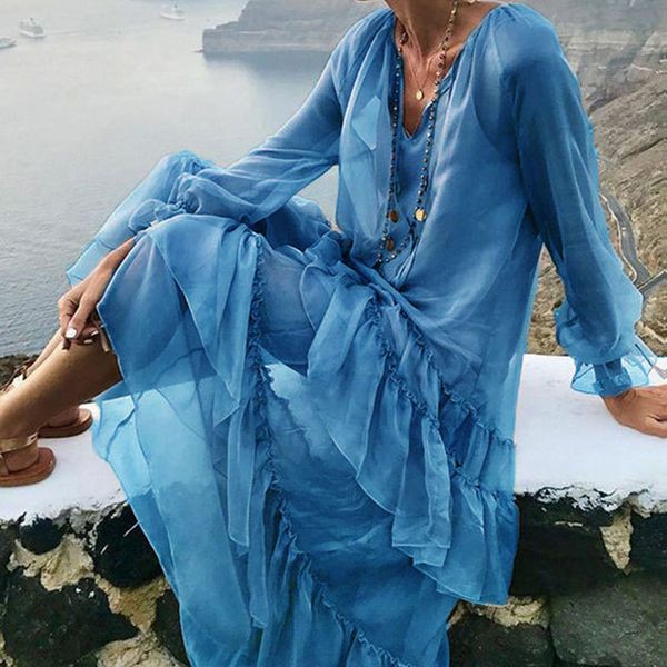 

2021 woman in blue with low-cut v summer beach loose dressed plus size autumn long ropa mujer jr8o, Black;gray