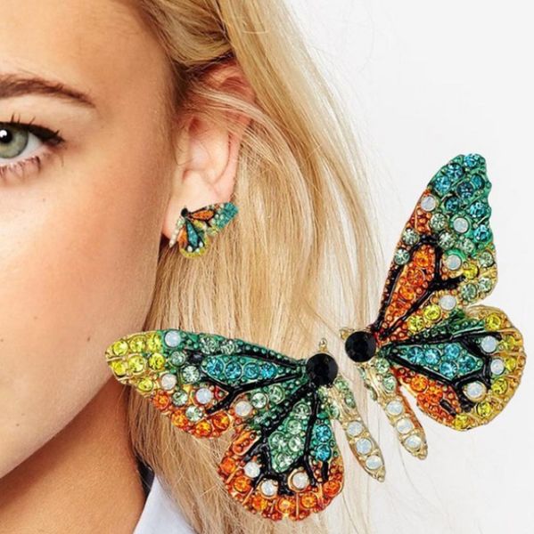 

2021 new fashion butterfly wings stud earrings female rhinestone wild personality metal earrings sweet romantic jewelry, Golden;silver