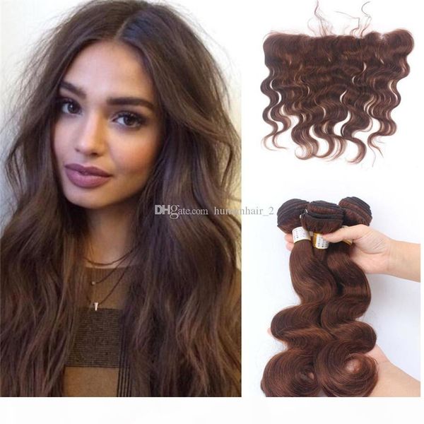 

8a grade peruvian virgin hair with lace frontal #4 brown body wave human hair weave with lace frontal closure 13*4 full lace frontals, Black;brown