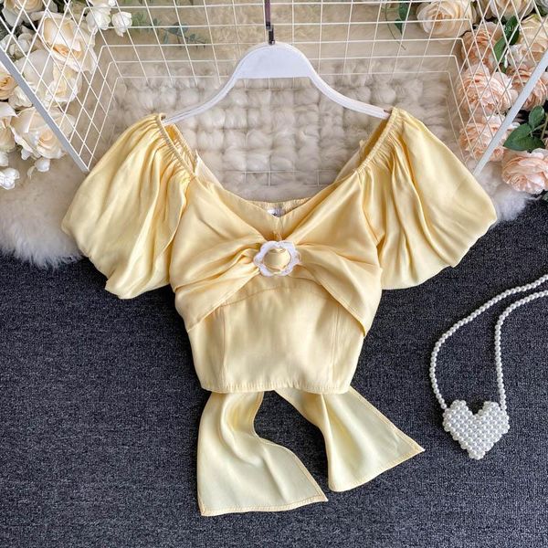 

women v-neck short sleeve pleated knotted high waist short bow shirt lady new fashion blouse clothes n3881, White
