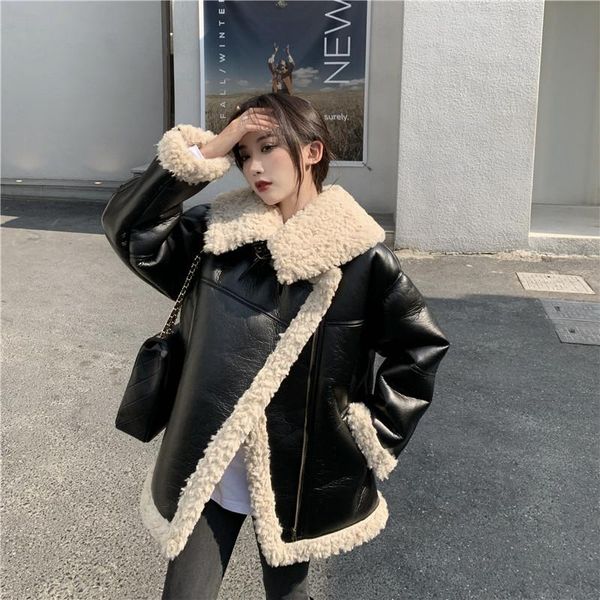 

women's leather & faux 2021 fur coat autumn and winter thick lambs wool motorcycle clothing stitching jacket cardigan trend, Black