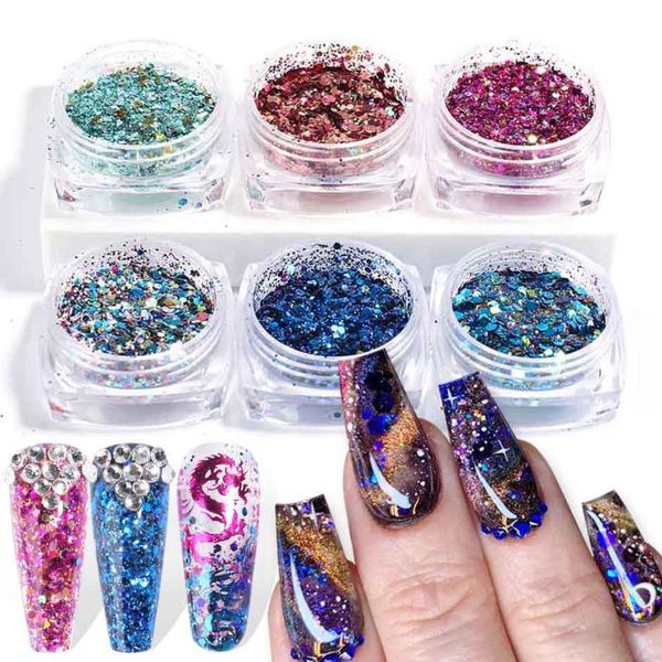 

nail glitter 6 bottles/set of laser irregular hexagonal sequins colored sugar powder mix acrylic set diy art decoration 1539, Silver;gold