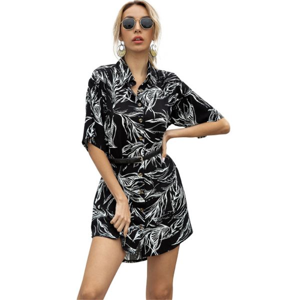 

2021 new office lapel shirt ladies only-breasted print short summer leisure beach dress e67o, Black;gray