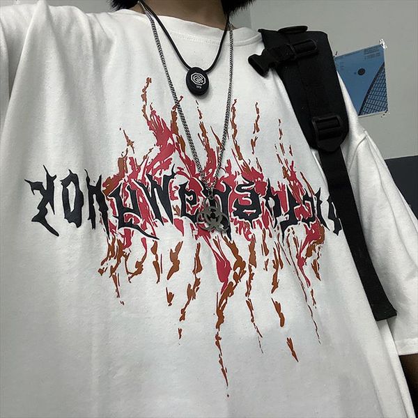 

punk gothic summer hip hop flame print short sleeve harajuku loose fashion casual vintage o neck ulzzang women t shirt, White