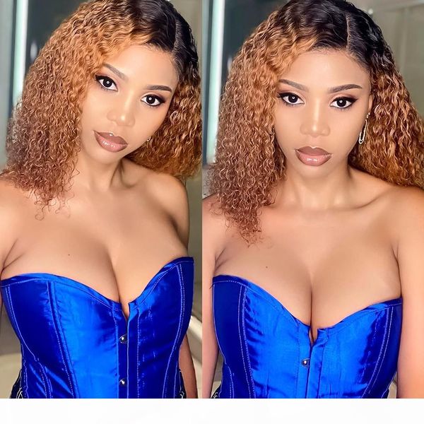 

ombre colored lace front human hair wigs curly brown brazilian short bob wig plucked black women hightlight, Black;brown